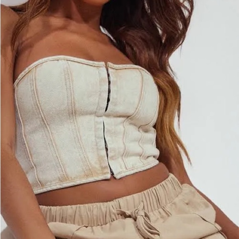 NWT PLT Washed Stone Denim Strapless Hook & Eye Structured Corset Top Y2K Grunge - Picture 4 of 8